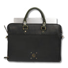 Black leather briefcase with gold hardware on a white background