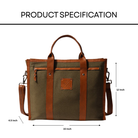 Green bag with brown straps and measurements on a white background