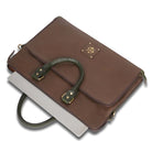 Chocolate Brown leather briefcase with green handle on a white background