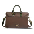 Chocolate Brown leather briefcase with green straps on a white background