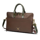 Chocolate Brown leather briefcase with green straps on a white background