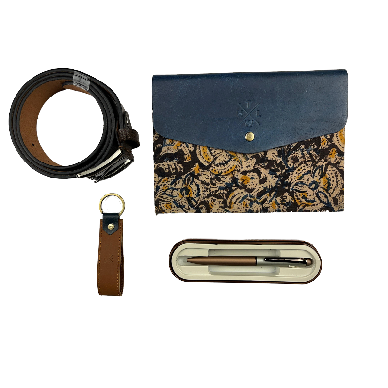 Set of leather items including a belt, pouch, keychain, and pen case on a white background