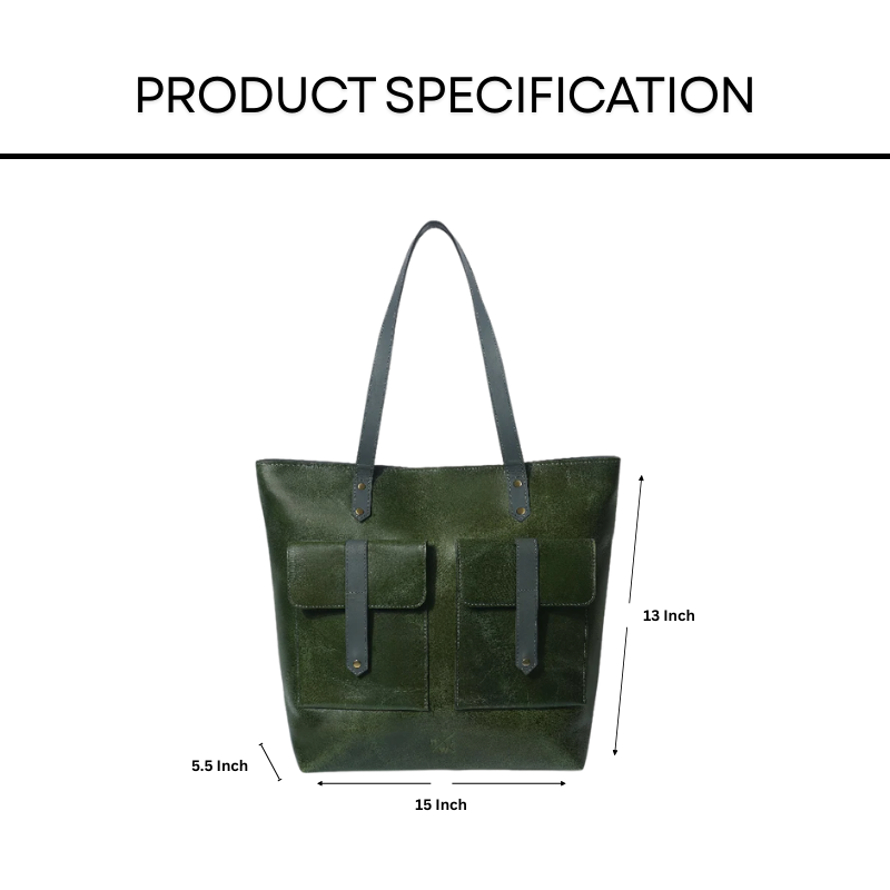 Green tote bag with measurements on a white background