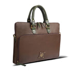 Chocolate Brown leather briefcase with green handles on a white background