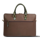 Chocolate Brown leather briefcase with green handles and trim on a white background