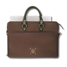 Chocolate Brown leather briefcase with green handle on a white background