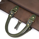 Chocolate Brown leather briefcase with green handles on a white background