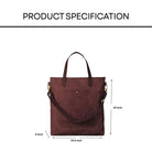Brown handbag with dimensions labeled on a white background