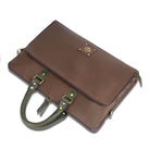 Chocolate Brown leather briefcase with green handle on a white background