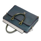 Blue leather briefcase with gold accents on a white background