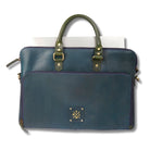 Blue leather briefcase with green handle on a white background