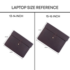 Laptop size reference chart showing 13-14 inch and 15-16 inch dimensions with a brown laptop sleeve.