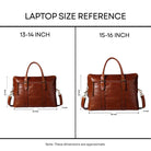 Laptop size reference chart with two brown bags labeled for 13-14 inch and 15-16 inch laptops.