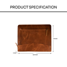 Brown leather file folder with dimensions on a white background
