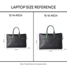 Laptop size reference chart showing black bags for 13-14 inch and 15-16 inch laptops.