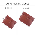 Laptop size chart with two brown leather sleeves for 13–14 and 15–16 inch laptops.