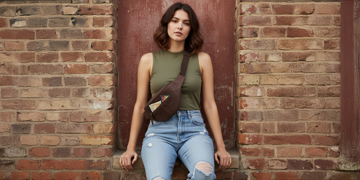 Woman standing against a brick wall wearing a green sleeveless top and blue jeans with a brown crossbody waist bag.