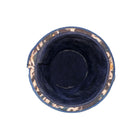 Navy blue cat bed with gold trim on a white background