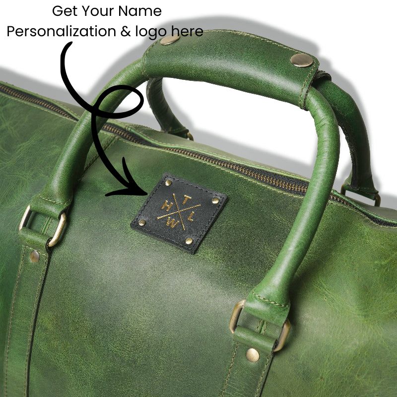 Green leather bag with a personalized tag on a white background