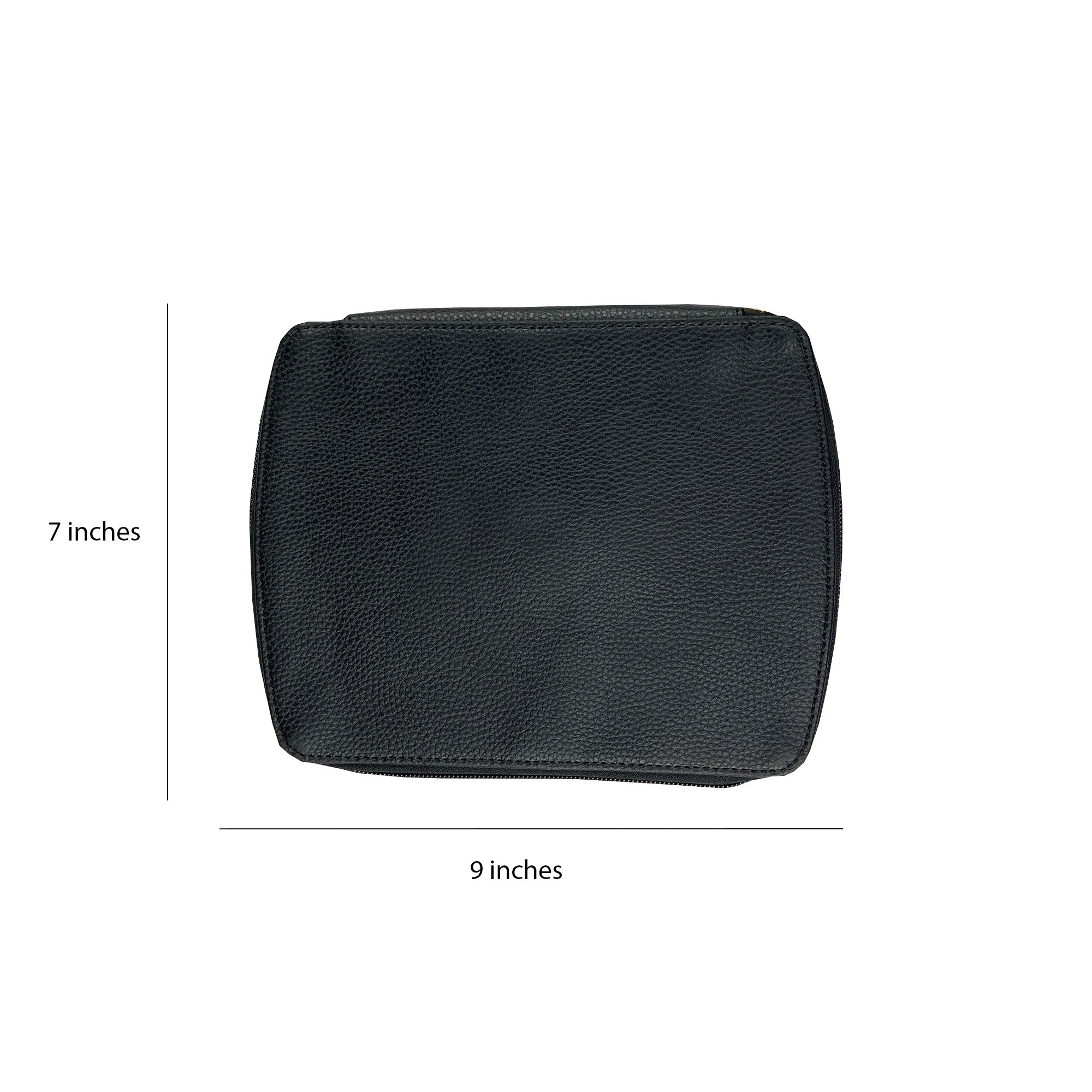 Black leather toolkit with measurements on a white background