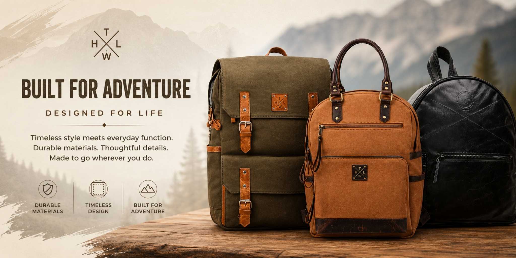 Three backpacks on a wooden surface with a mountainous background, featuring the brand 'THLW'.