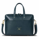 Blue leather laptop bag with gold accents on a white background