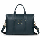 Blue leather laptop bag with gold accents on a white background