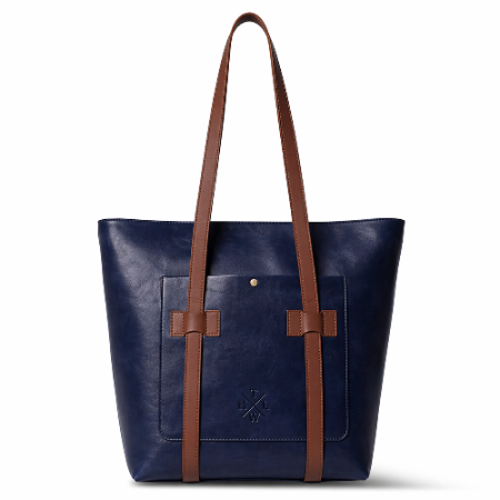 Blue tote bag with brown straps on a white background