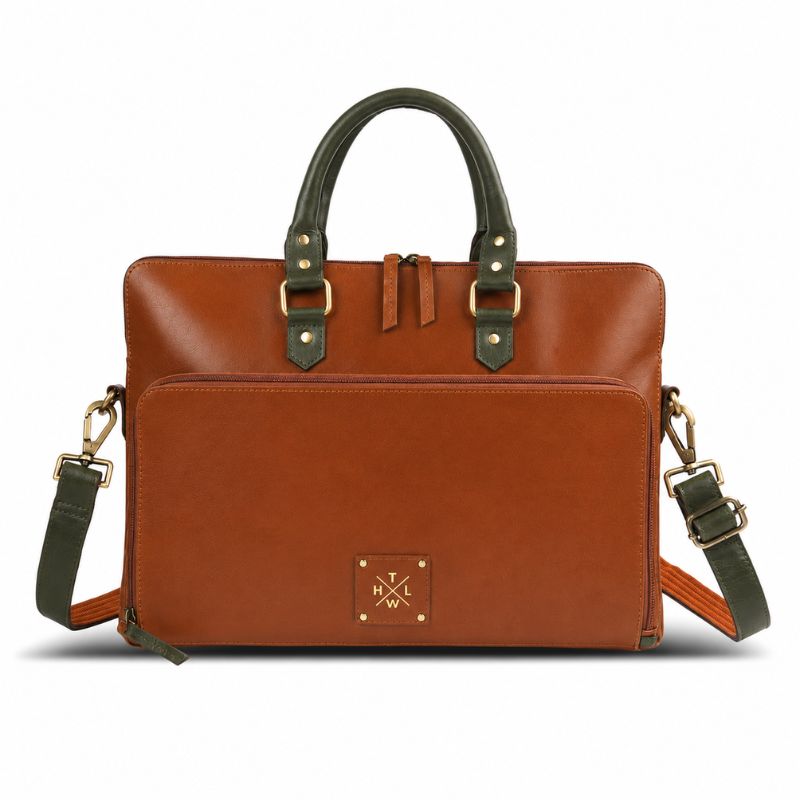 Brown leather briefcase with green straps on a white background