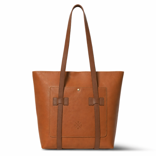 Brown leather tote bag with a visible brand logo on a white background