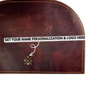 Brown leather placemat with text for personalization on a white background