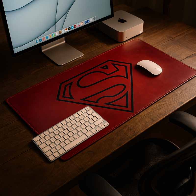 Red desk mat with Superman logo on a wooden desk with computer equipment.