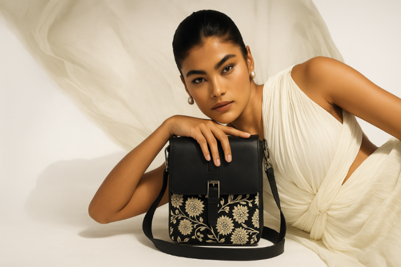 Woman holding a black handbag with floral embroidery on a white background