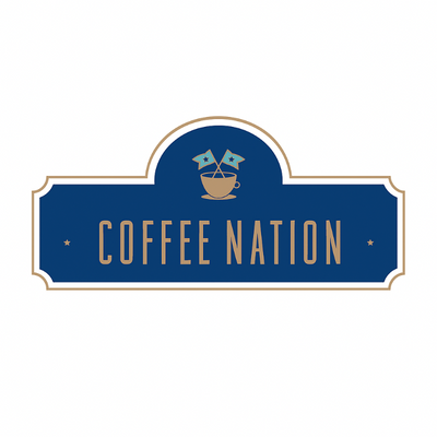 Logo of Coffee Nation with a blue background and gold text