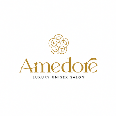 Amedore Luxury Unisex Salon logo with gold text and emblem on a white background
