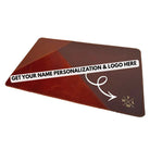 Brown leather placemat with customizable text on a white background