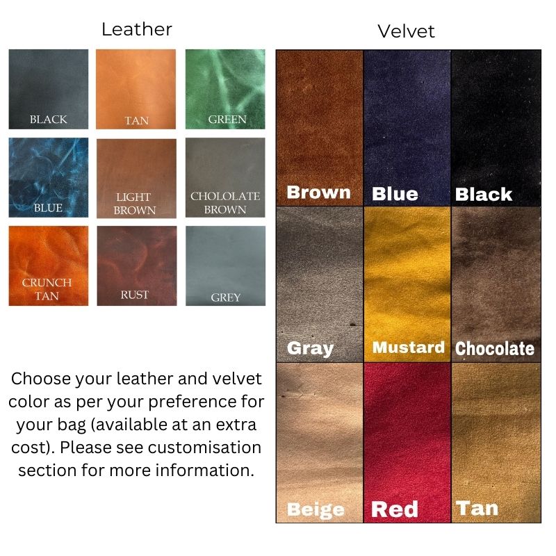 Color swatches for leather and velvet with text indicating color options.