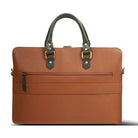 Back view of a brown leather laptop bag with a zippered pocket.