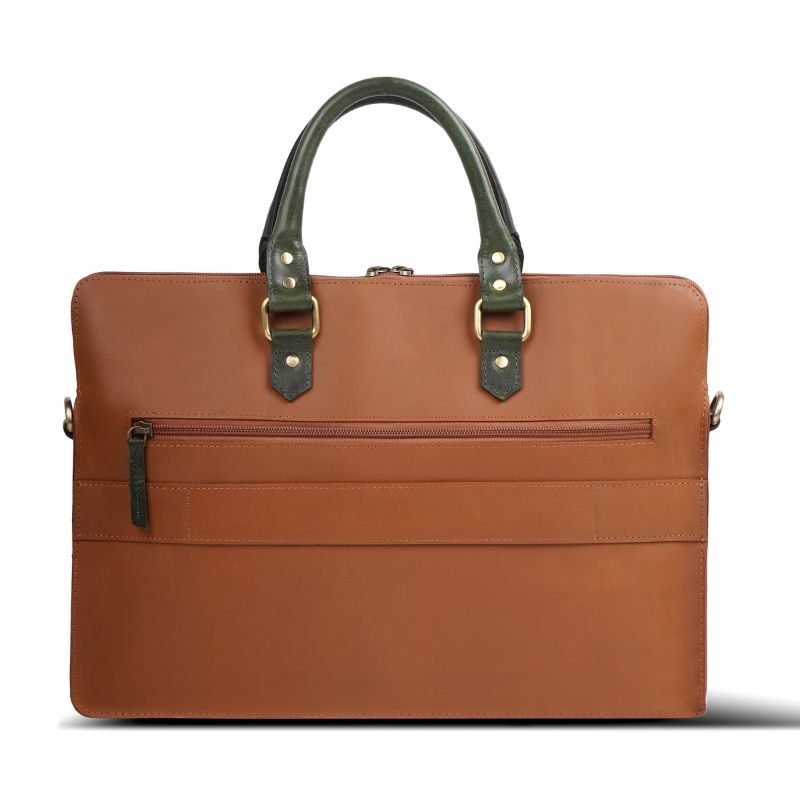 Back view of a brown leather laptop bag with a zippered pocket.