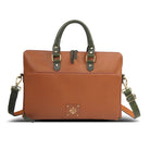 Front view of a brown leather laptop bag with navy handles and shoulder strap.