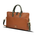 Side-angle view of a brown leather laptop bag with an adjustable shoulder strap.