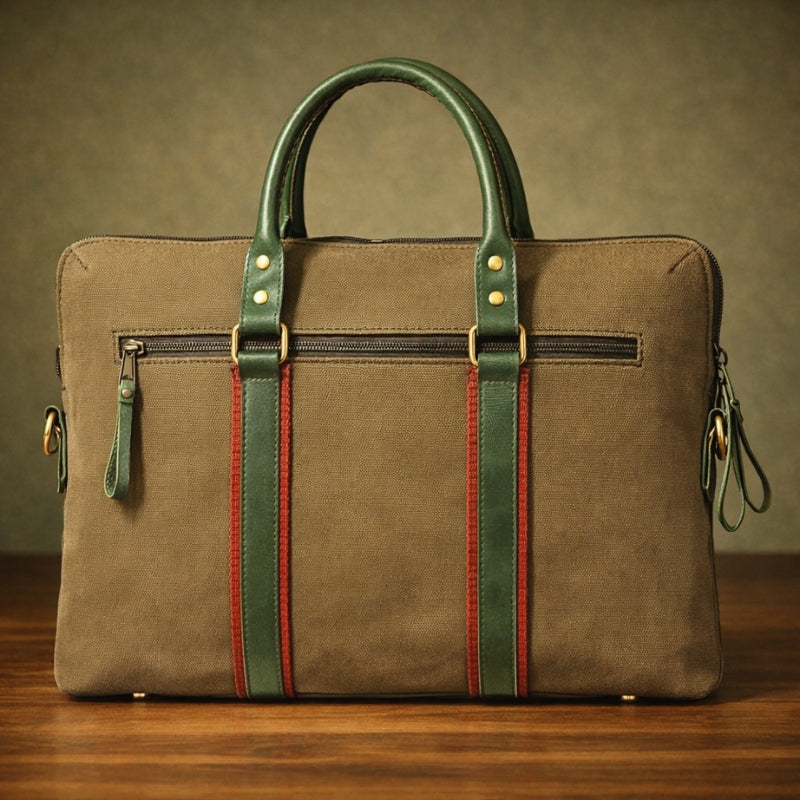 Brown canvas & leather briefcase with green straps on a wooden surface