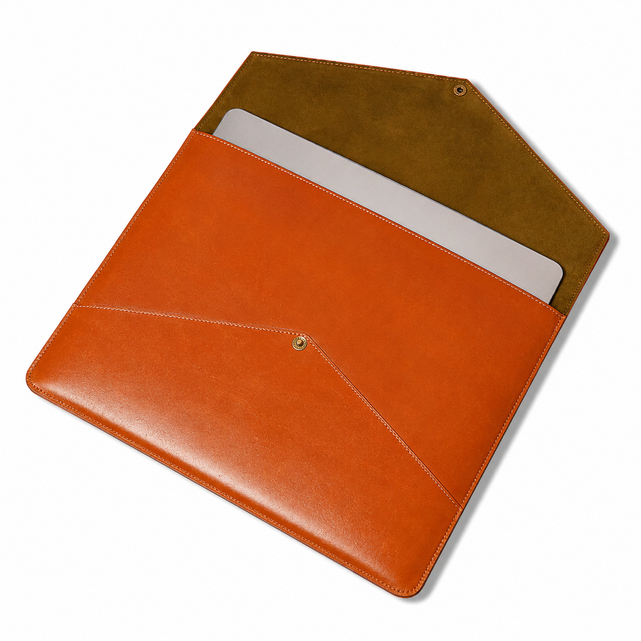 Orange leather laptop sleeve with a brown interior on a white background