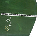 Green leather placemat with gold embroidery and text space for personalization.