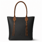 Black tote bag with brown handles and straps on a white background
