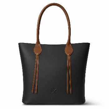 Black tote bag with brown handles and straps on a white background