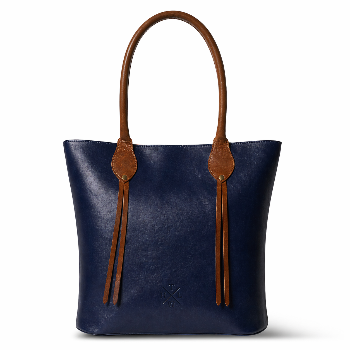 Navy blue tote bag with brown leather handles and straps on a white background
