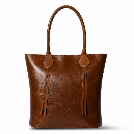 Brown leather tote bag with decorative straps on a white background