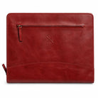 Closed red leather portfolio with front zipper pocket.