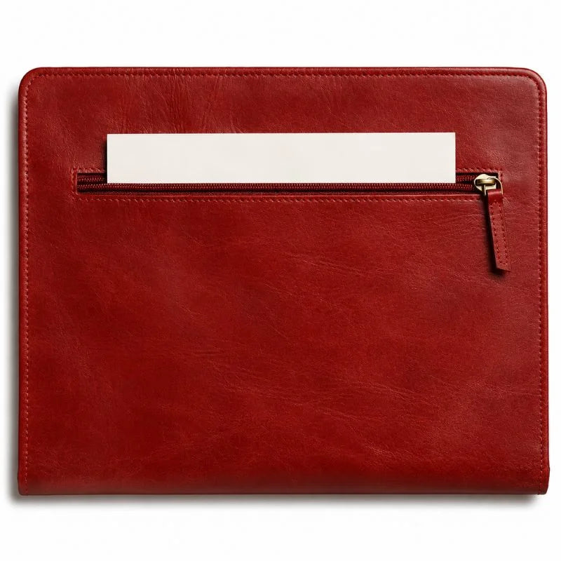 Red leather portfolio with a document in the back zipper pocket.